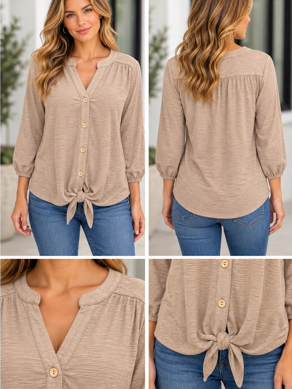 🆕🤣NWT Women’s Tie-Front Button V-Neck Blouse in Taupe